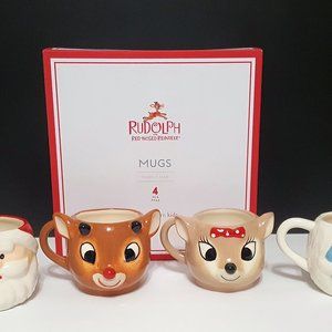 NEW RARE Pottery Barn Kids Set of 4 Rudolph Character Shaped Stoneware M…